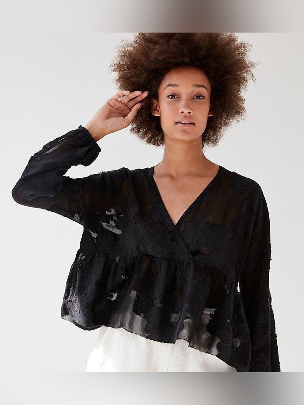 Aritzia Black Sheer V-Neck Peplum Blouse